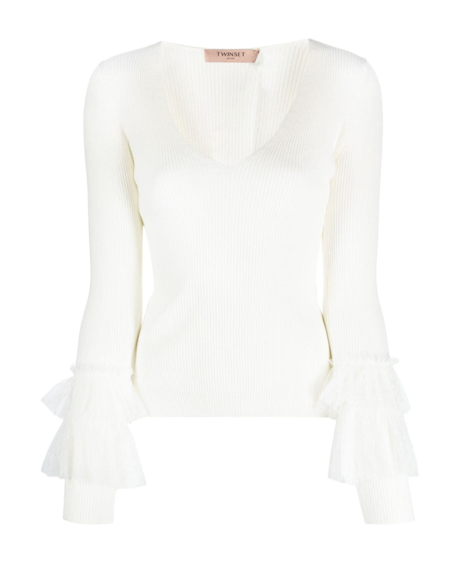 Twinset Tulle-inserts Ribbed-knit Top In White