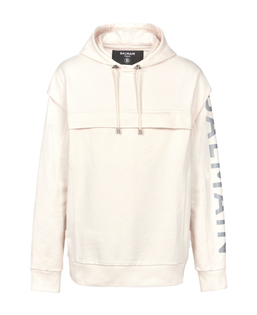 Shop Balmain Cotton Printed Logo Hoodie In White