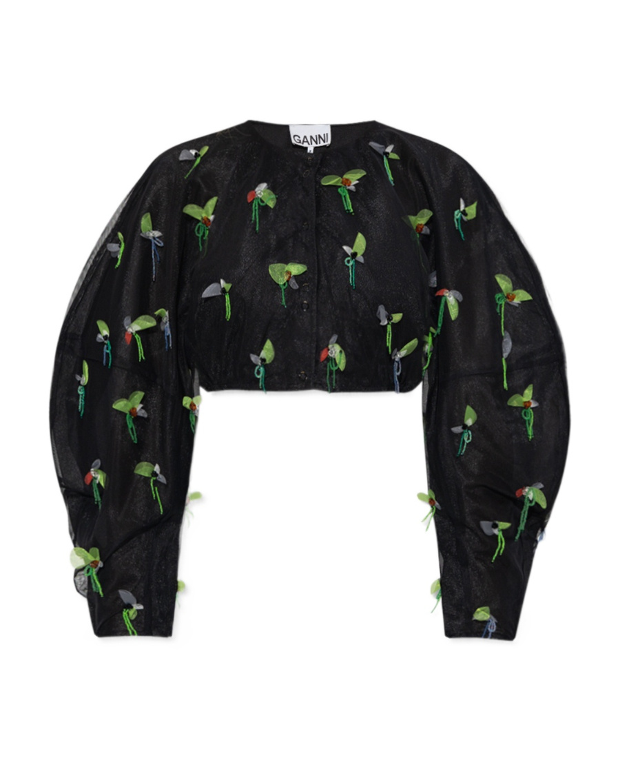 Ganni Bead-embellished Cropped Blouse In Black