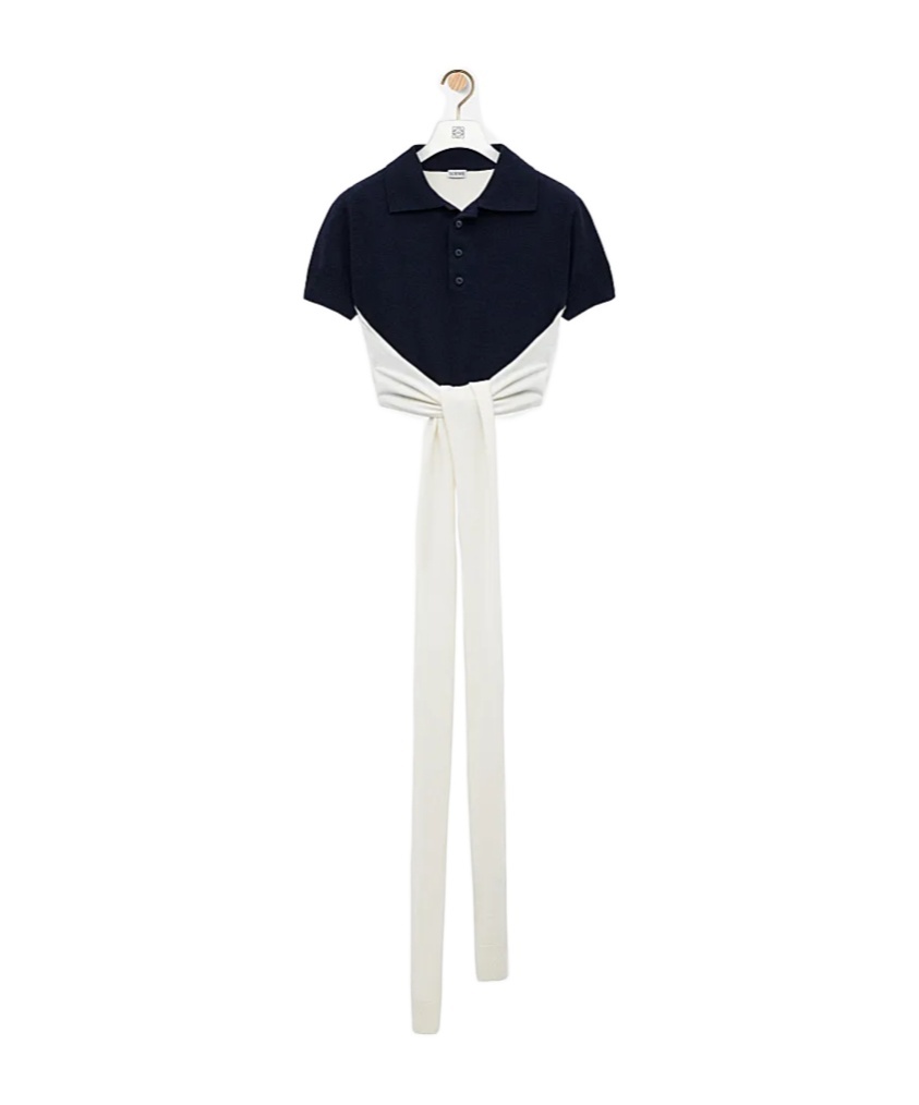 Loewe Colorblock Cropped Backless Wool Cashmere Polo Sweater With Self-tie In White