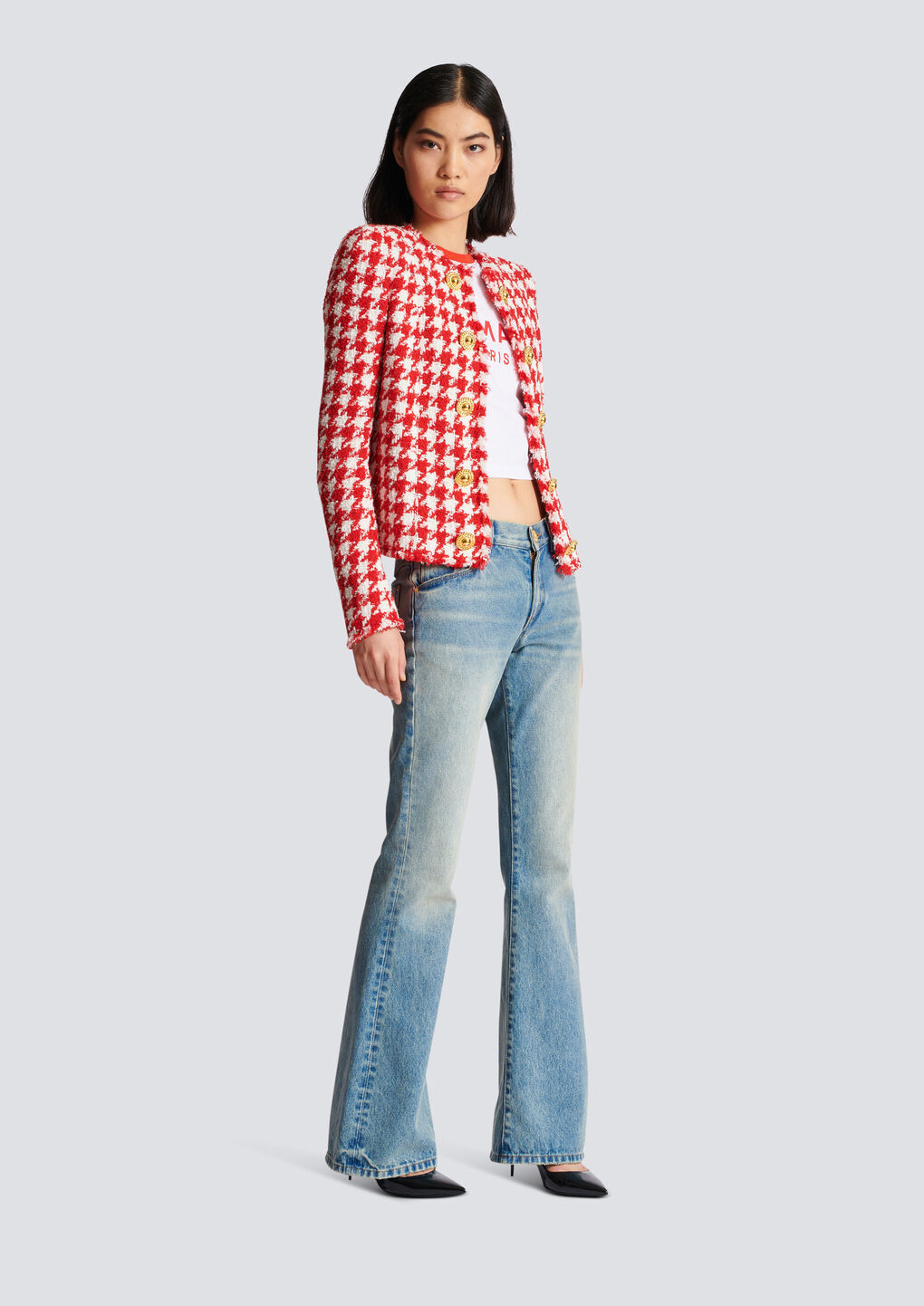 Shop Balmain Houndstooth Tweed Jacket In Red