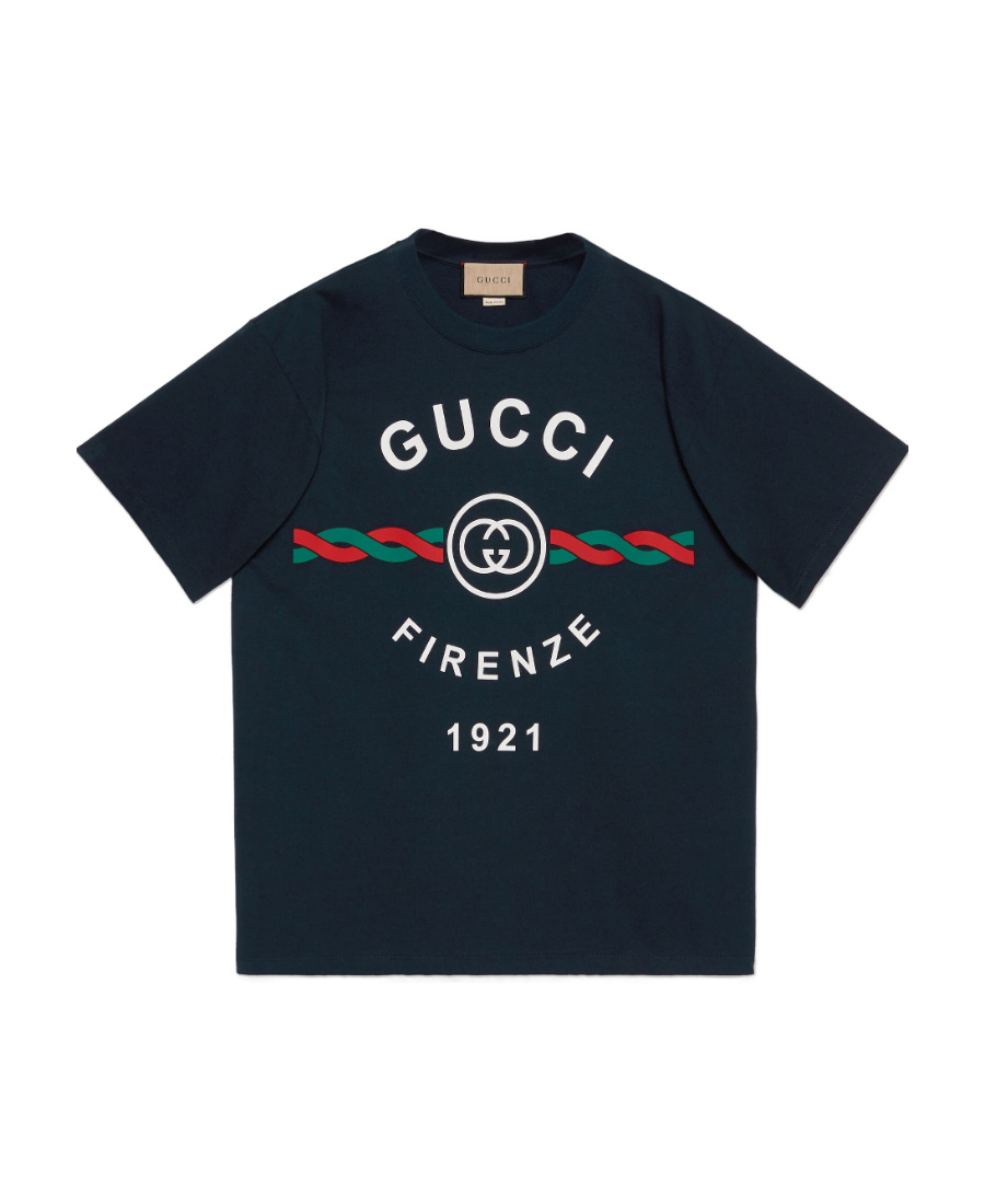 Gucci Firenze 1921 Logo-print Cotton-jersey T-shirt In Blue