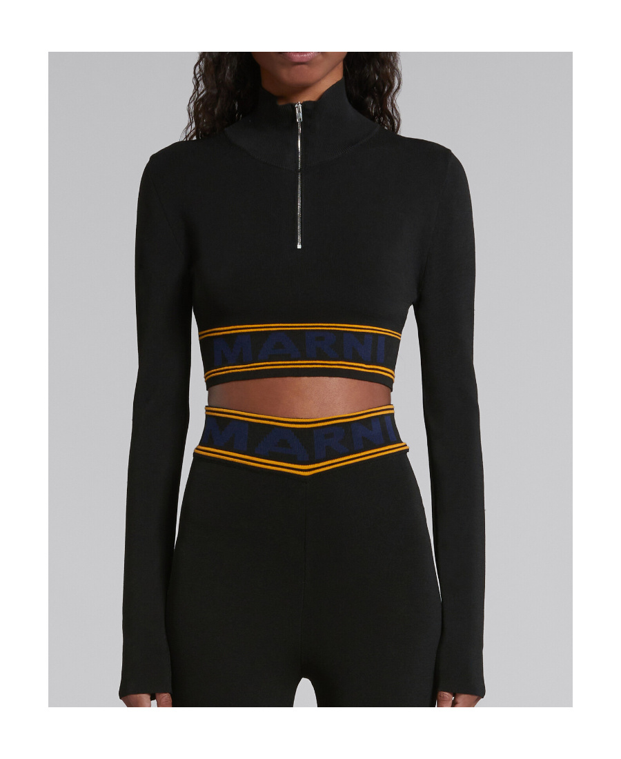 Marni Cropped Top With Ribbed Funnel Neck In Black