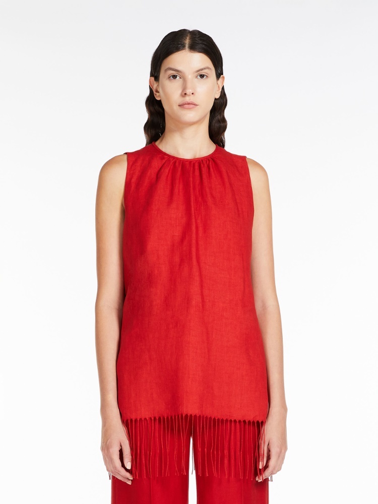 Max Mara Fringed Ruched Linen Blouse In Red