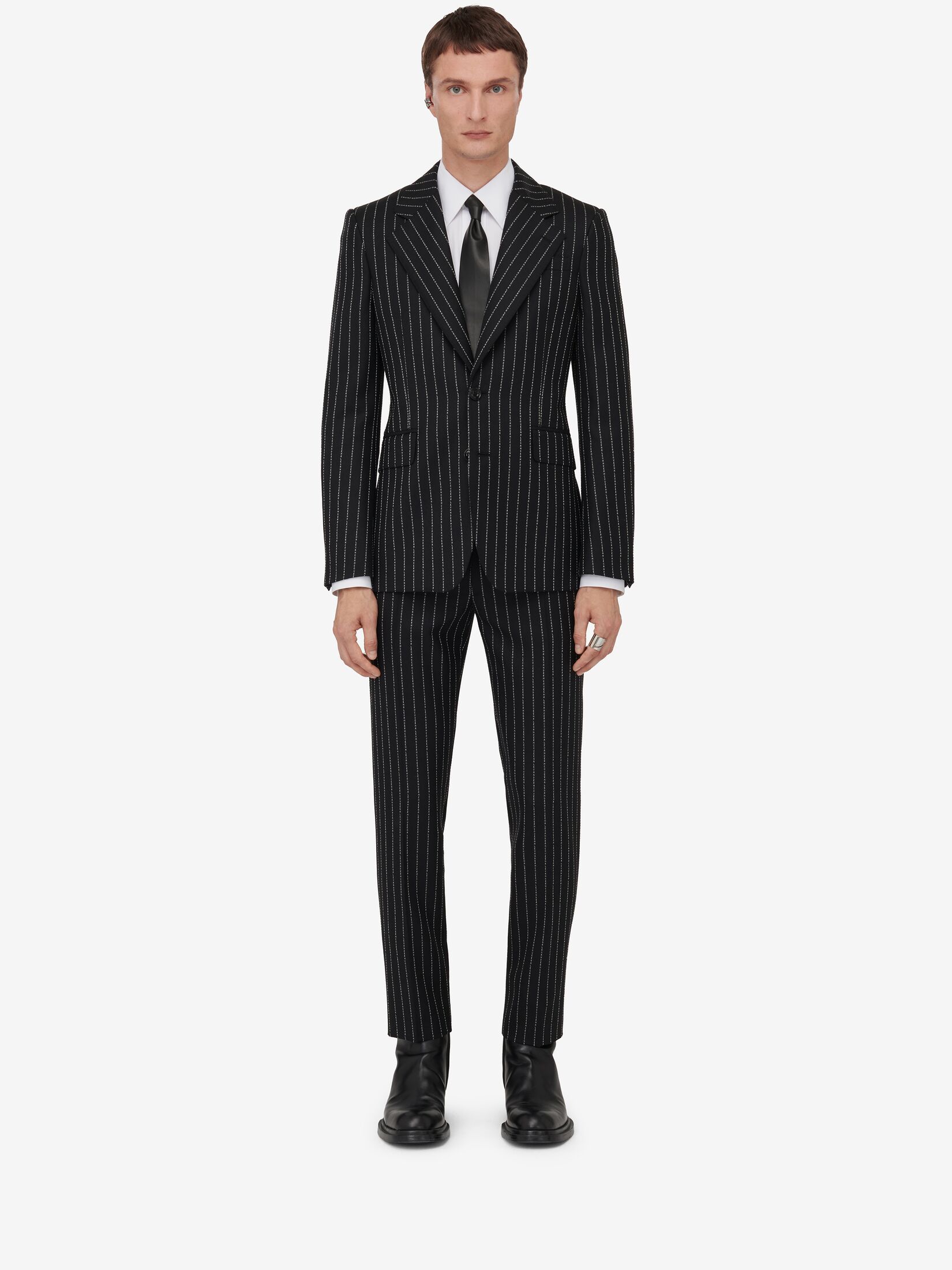 Alexander Mcqueen Tailored Jacket With Pinstripes And Structured Shoulders In Black