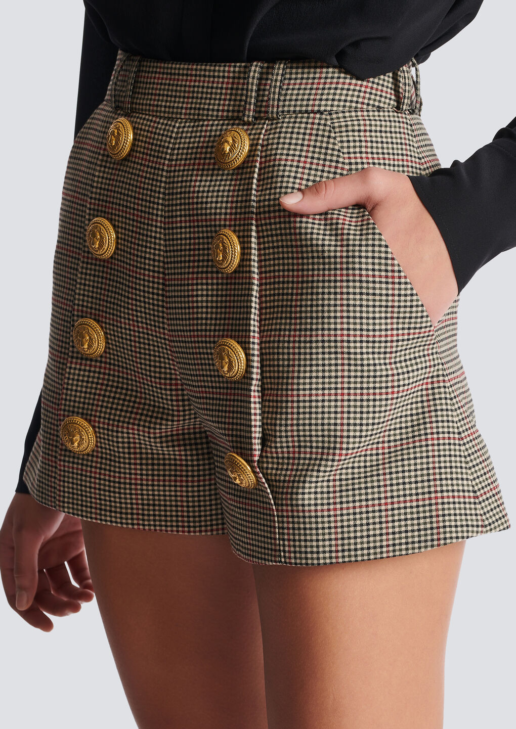 Balmain Checked Wool Blend High Rise Shorts In Gray