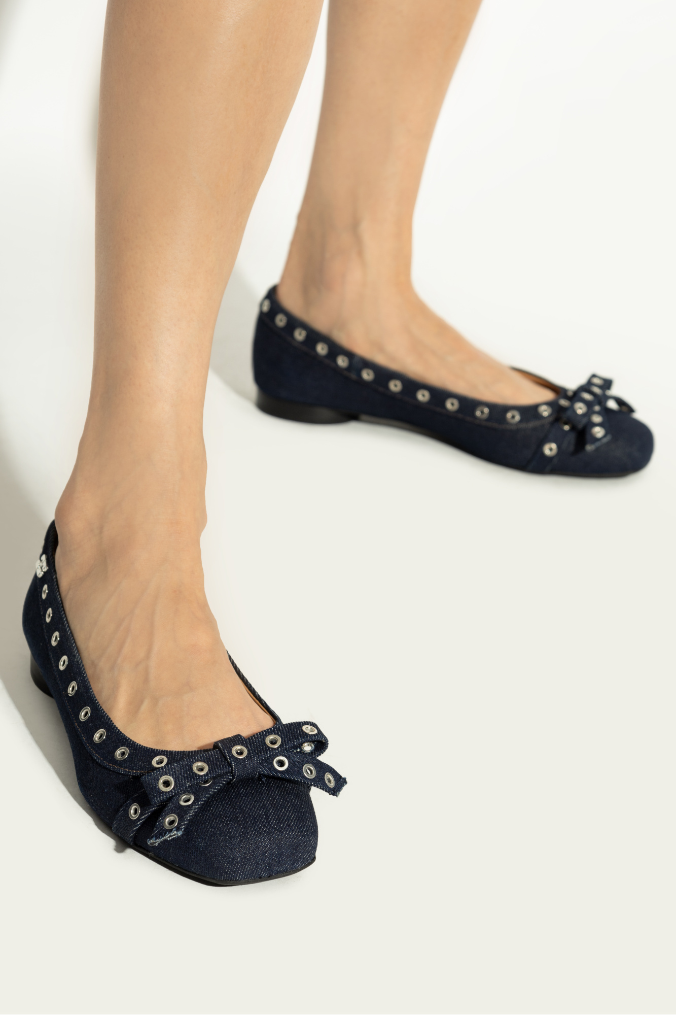 GANNI DENIM EYELET BOW BALLERINAS