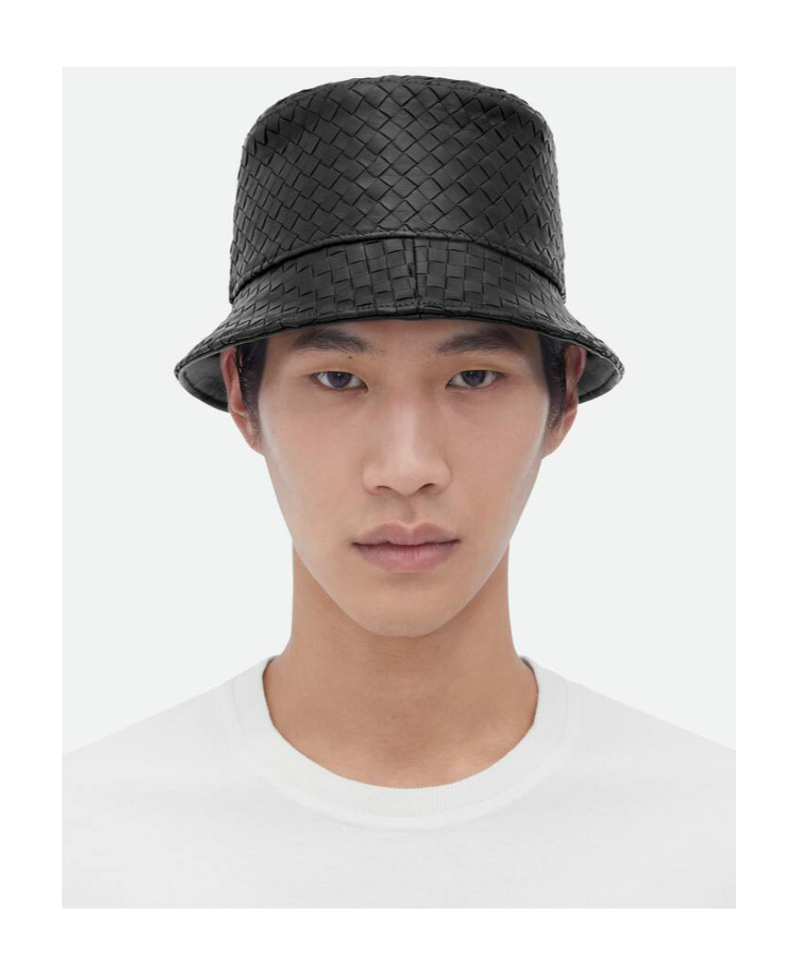 Bottega Veneta Black Bucket Hat With Metal Eyelets And Intreccio Motif In Leather Man In Black