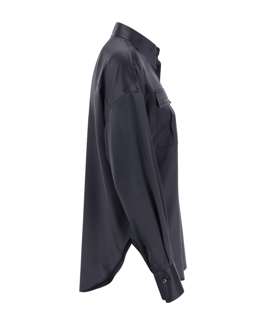 Brunello Cucinelli Women's Stretch Silk Satin Shirt With Shiny Pockets In Blue