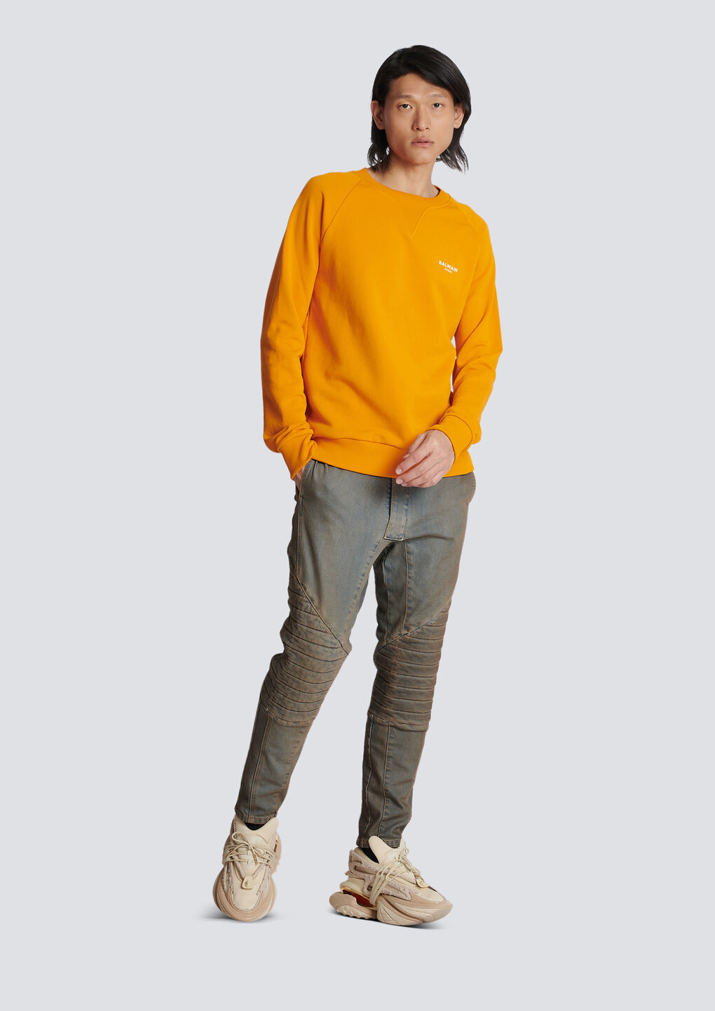 Shop Balmain Logo Print Sweatshirt In Eco-responsible Cotton In Orange