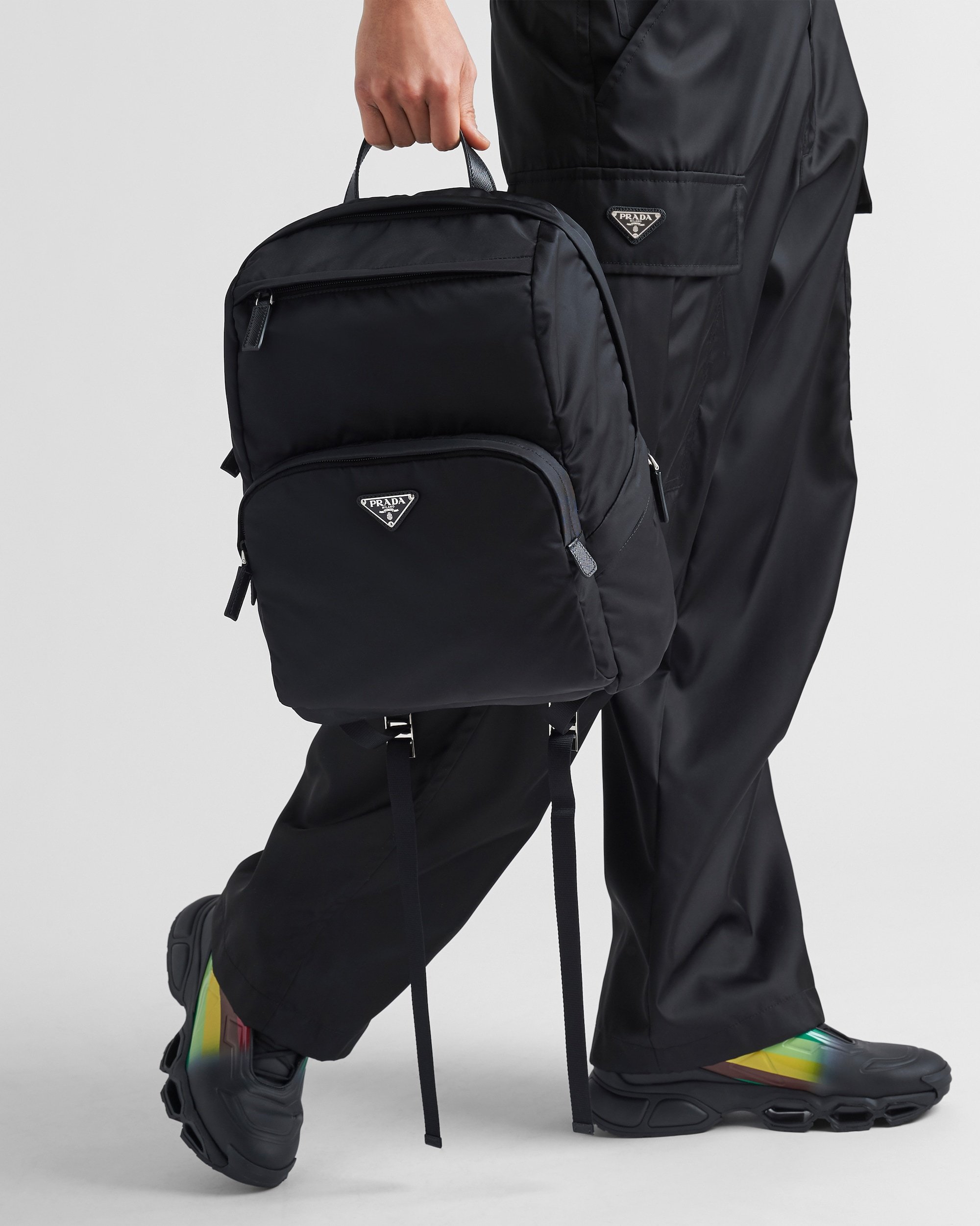 Prada Structured Leather Backpack With Logo Zipper Closure In Black