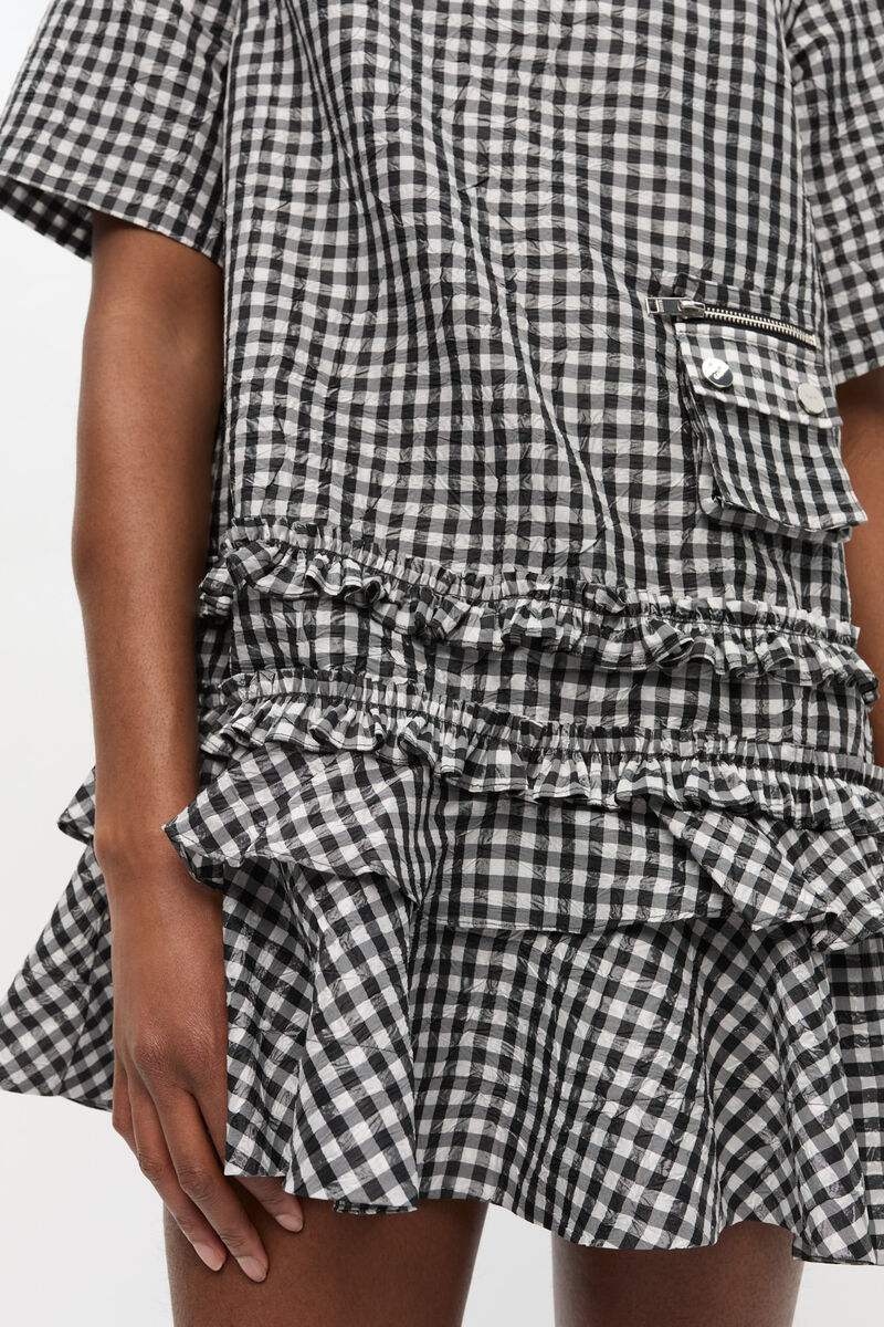 Ganni Black & White Crinkled Check Mini Dress