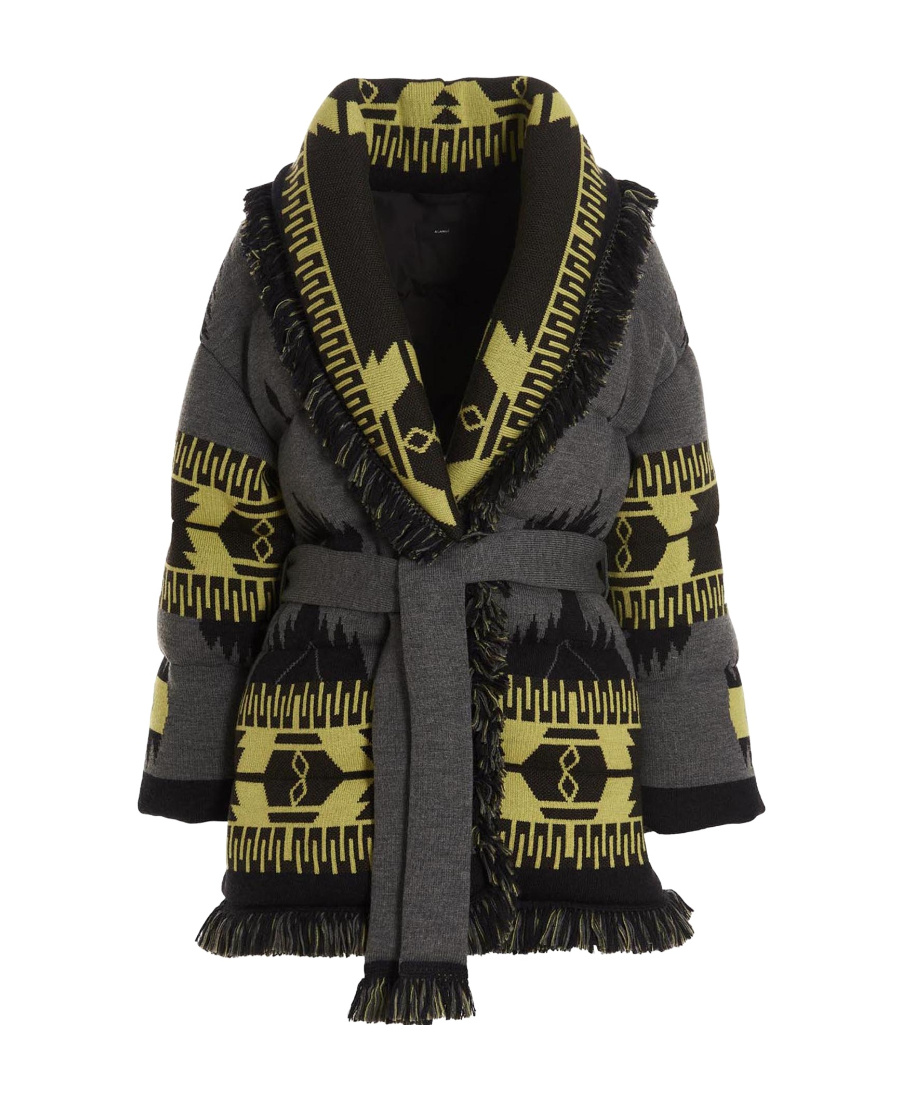 Alanui Icon Belted Fringed Quilted Wool-jacquard Down Jacket In Black