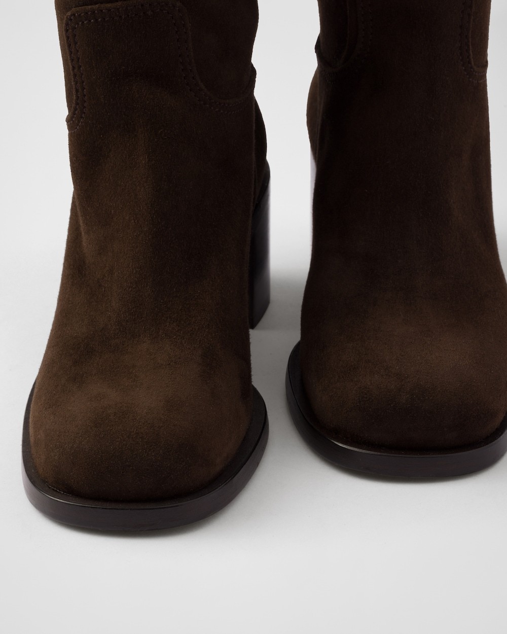 Prada Suede Block-heel Knee Boots In Dark Brown