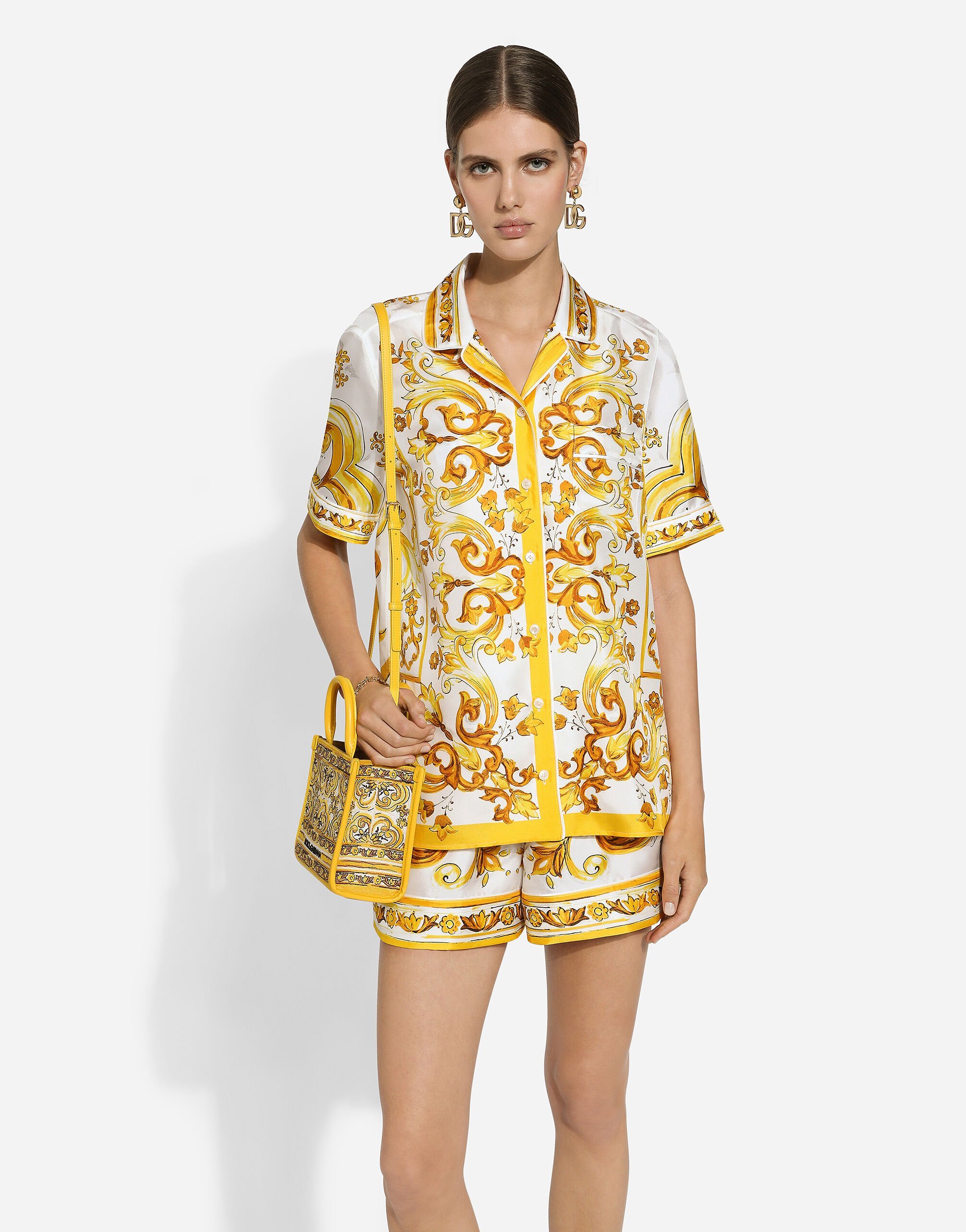 Dolce & Gabbana Majolica Print Silk Pajama Shorts In Yellow