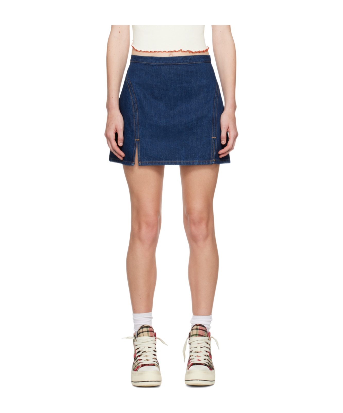 Re/done Indigo Split Front Denim Miniskirt In Multicolor