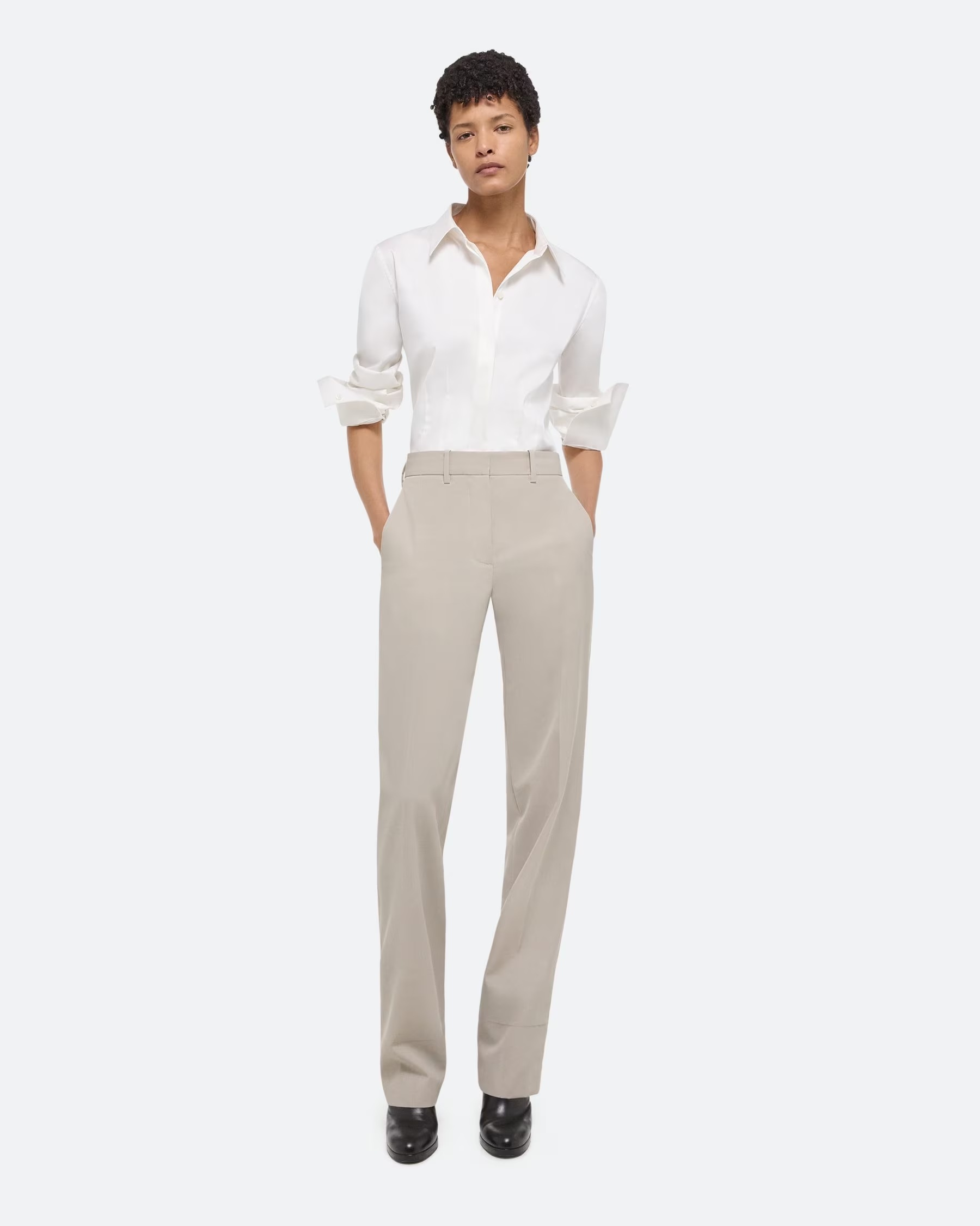 Helmut Lang Belt Ring Shearing Wool Dress Trousers In White