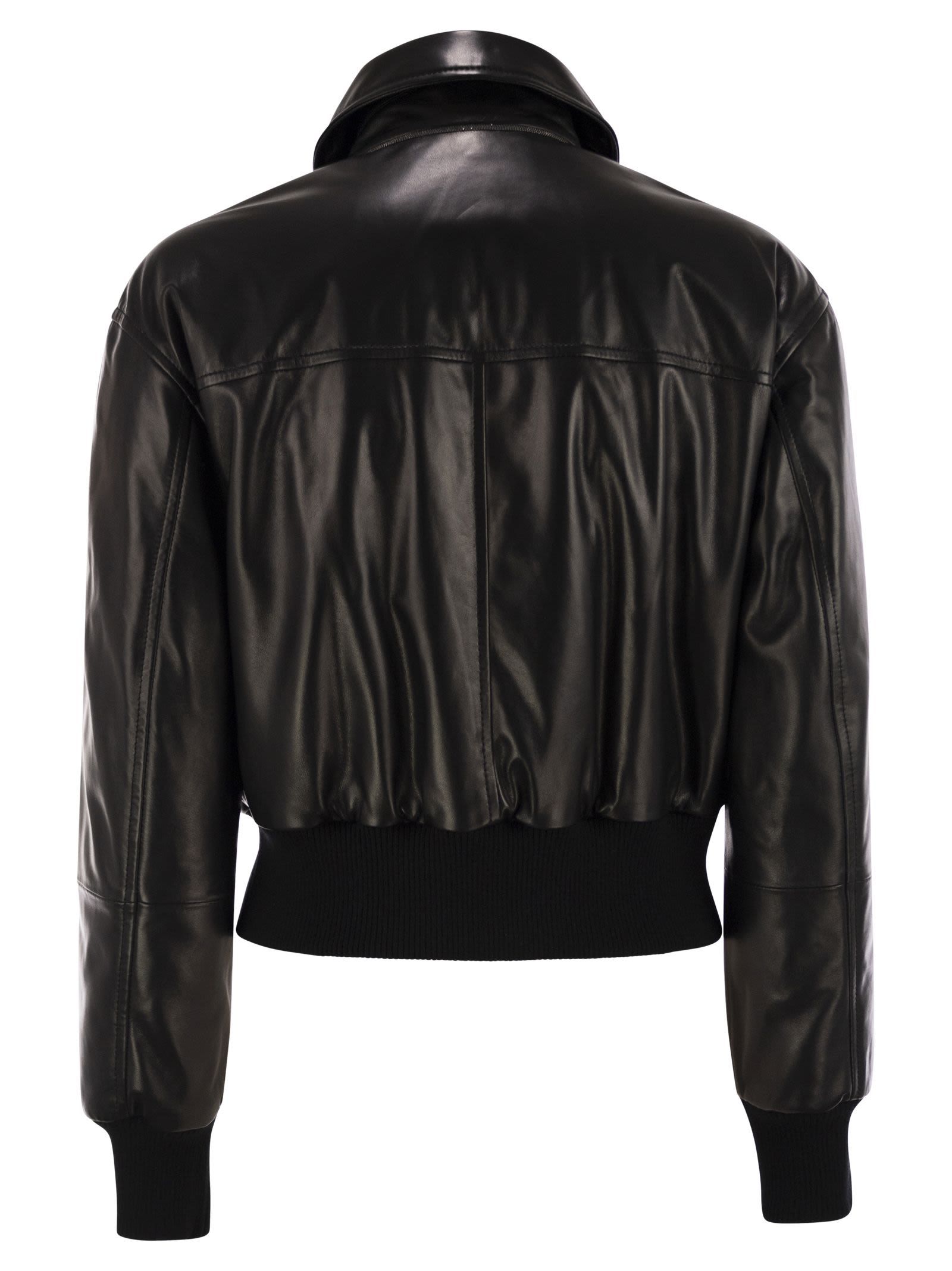 Brunello Cucinelli Women Leather Bomber Jacket With Jewellery In Black
