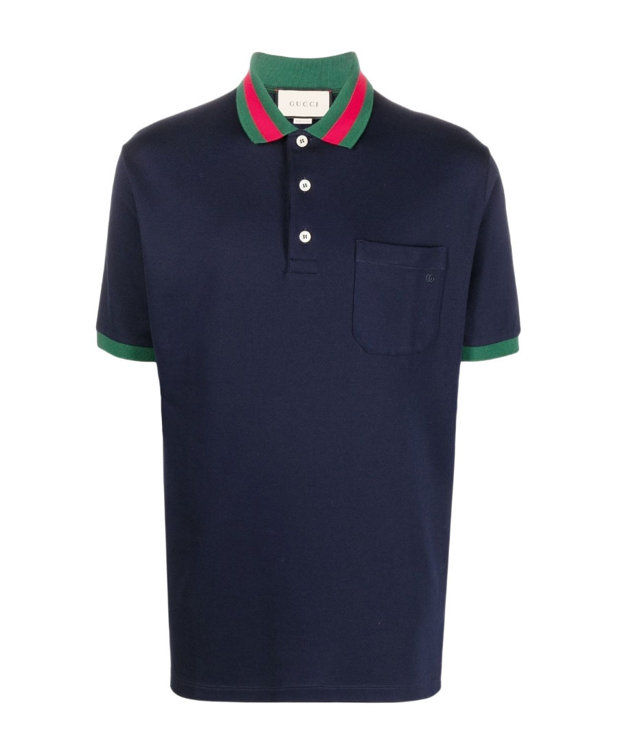 Gucci Cotton Piquet Polo With Web Collar In Blue