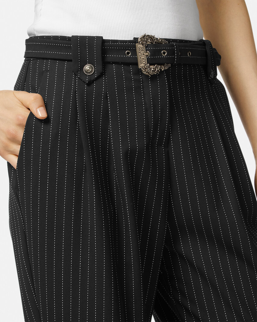 Versace Pinstriped Logo-engraved Straight Trousers In Black