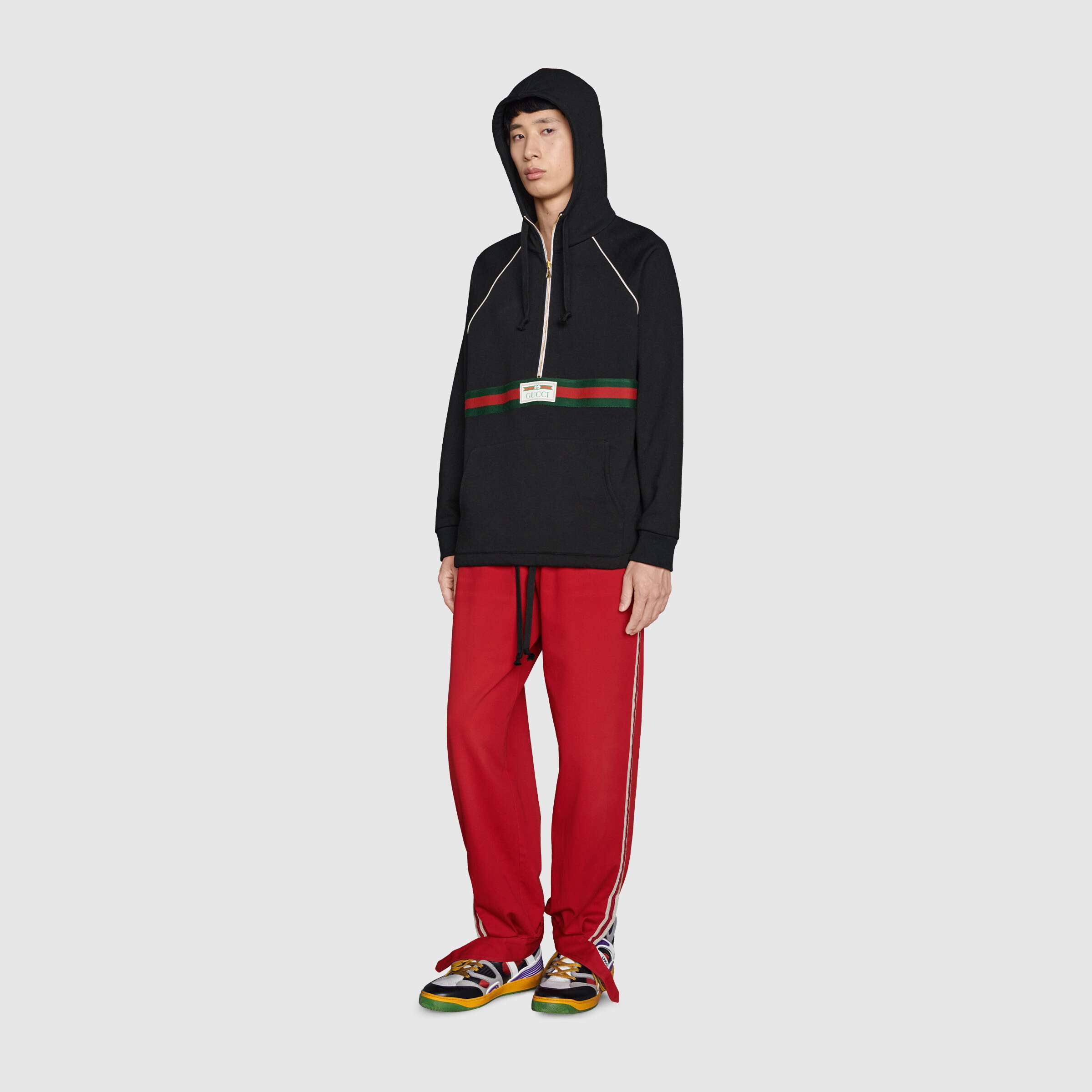 Gucci Logo Web Half-zip Cotton Jersey Hoodie In Black