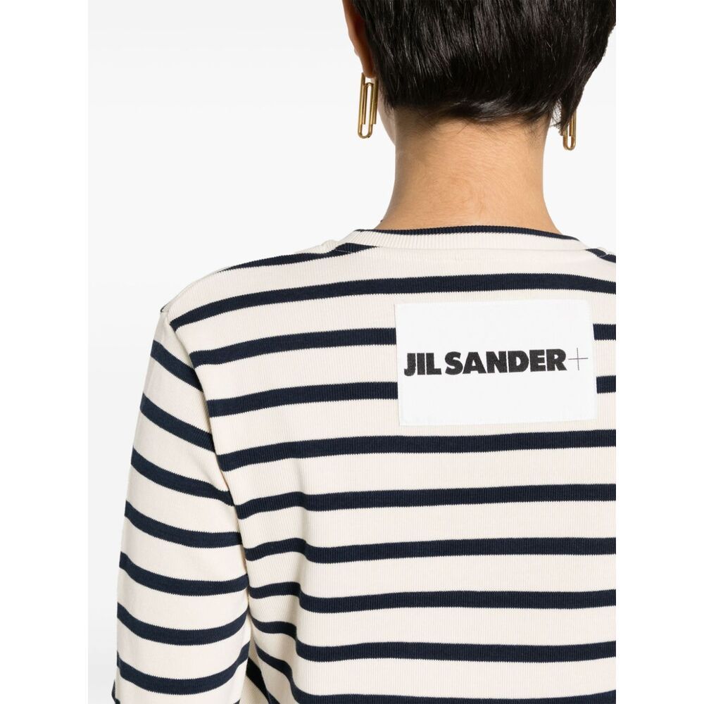 Jil Sander Fine Ribbed Off-white And Black Crew Neck Sweater In White