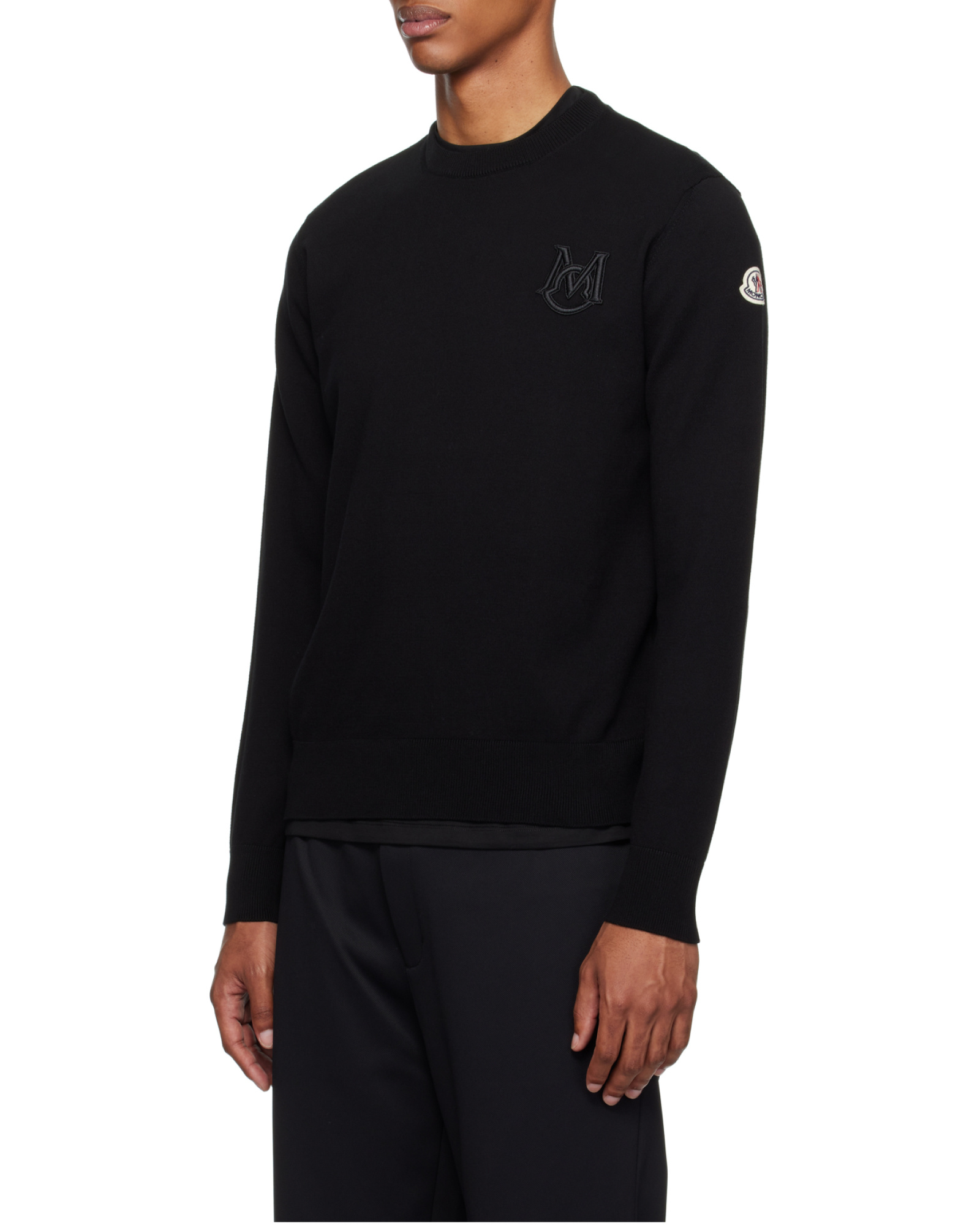 Moncler Embroidered Monogram Cotton Crewneck Sweater In Black