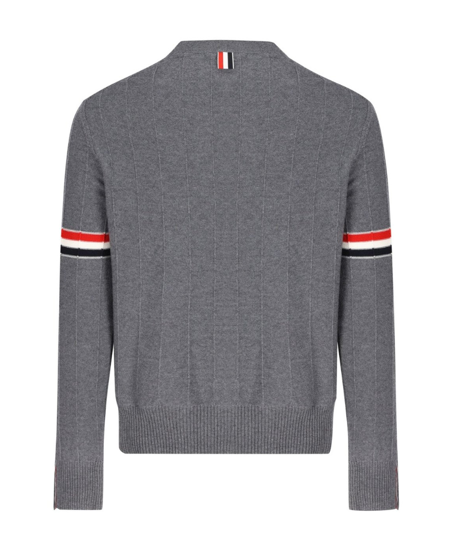 Shop Thom Browne Rwb-stripe Long-sleeved Crewneck Jumper In Gray