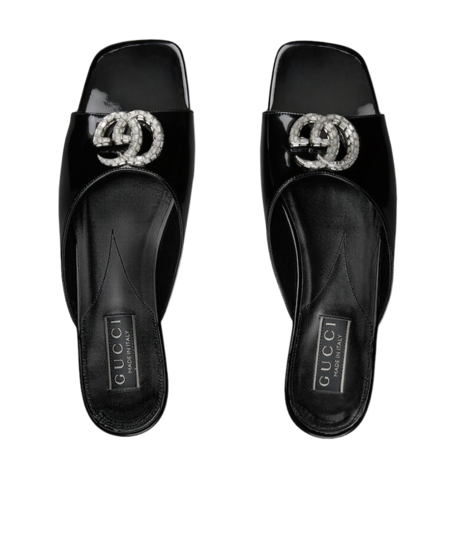 Gucci Double G Patent-leather Slides In Black