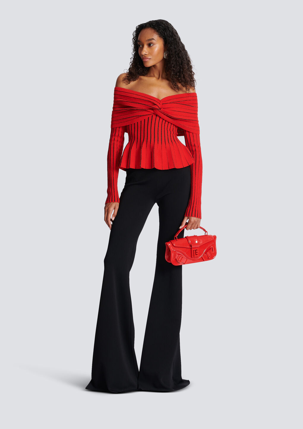 Balmain Off-shoulder Knit Top With Knotted Detail In Red