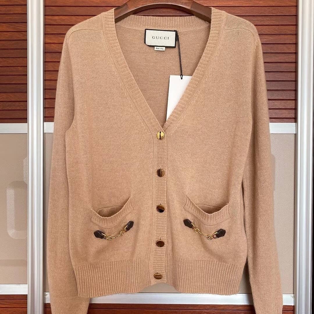 Gucci Cashmere Knit Cardigan W/ Horsebit In Brown