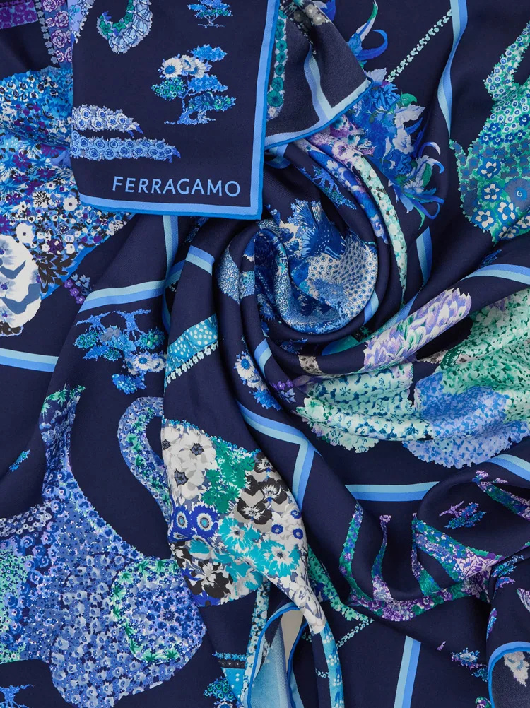 Ferragamo Patchwork Printed Silk Scarf In Blue