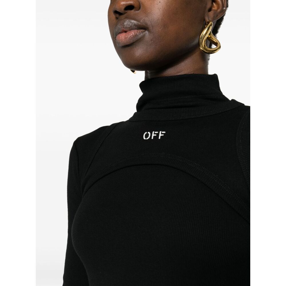 Off-white Ribbed Texture Midi Dress With High Neckline In Black
