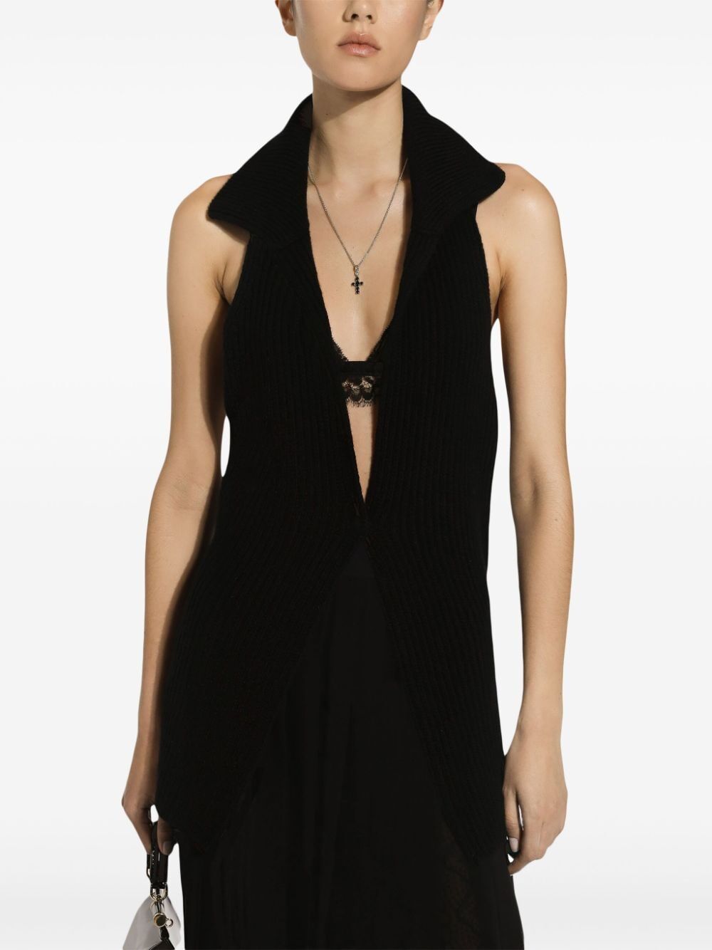 Dolce & Gabbana Ribbed Sleeveless V-neck Midi Jacket In Black