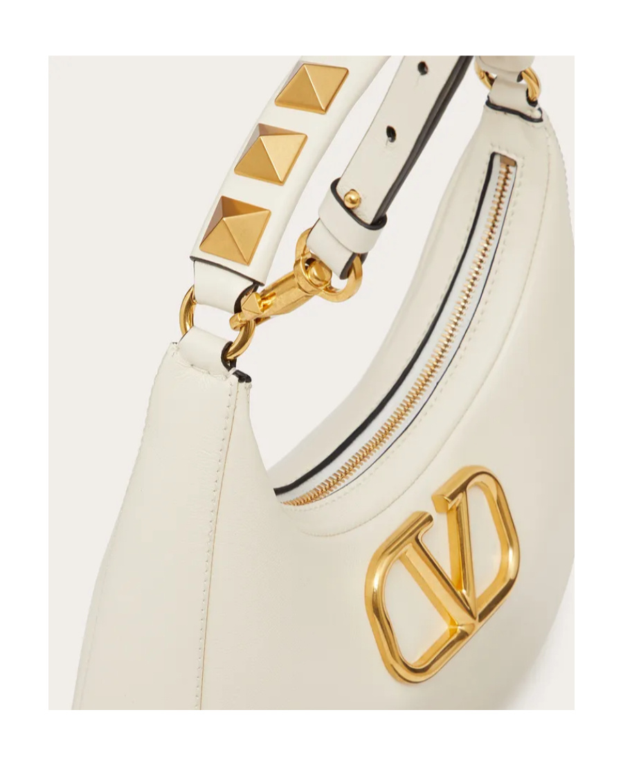 Valentino Stud Sign Hobo Rivet Logo Shoulder Bag In Light Ivory White