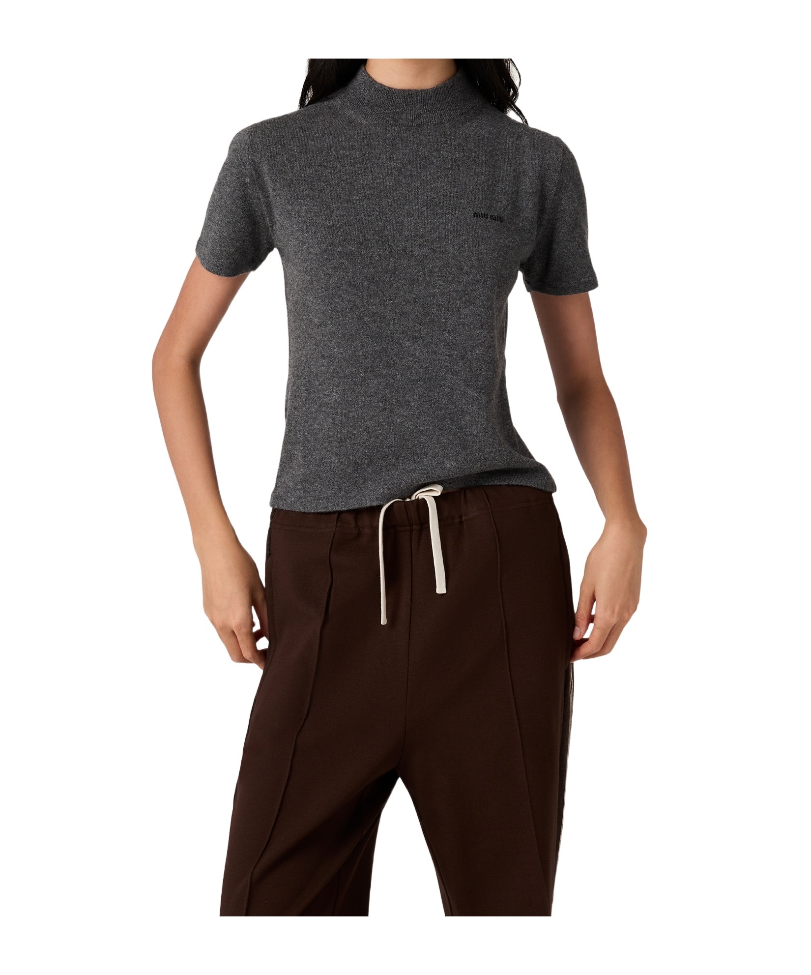 Miu Miu Cashmere Sweater With Mock Neck And Short Sleeves In Black