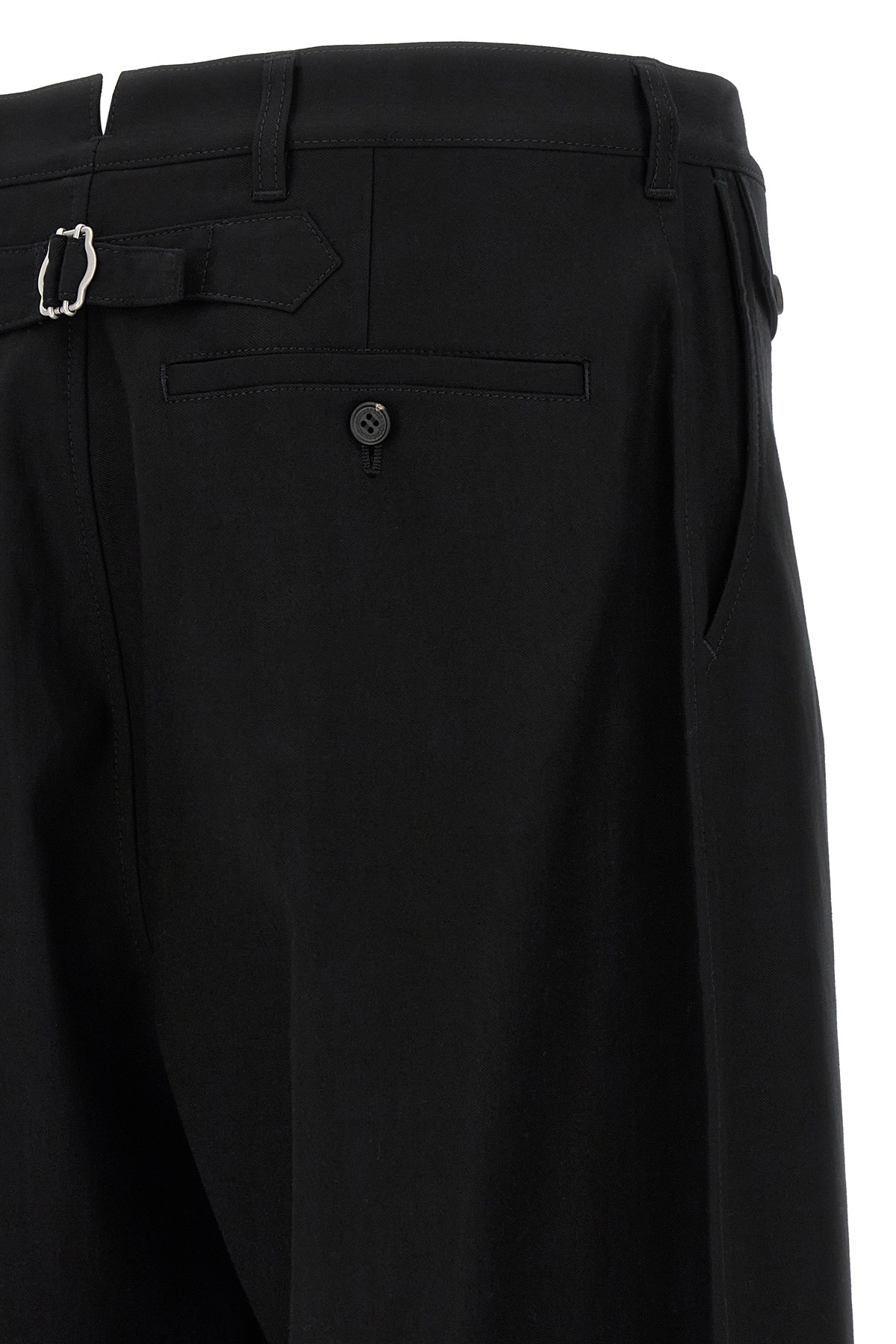 Comme Des Garçons Curved Leg Trousers With Knee Pincer Detail And Adjustable Back Strap In Black