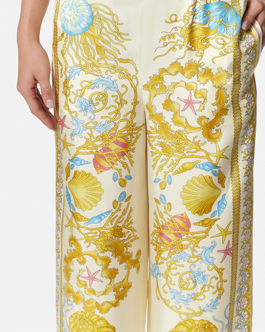 Versace Wide Leg Trousers With Underwater Baroque Print In Brown
