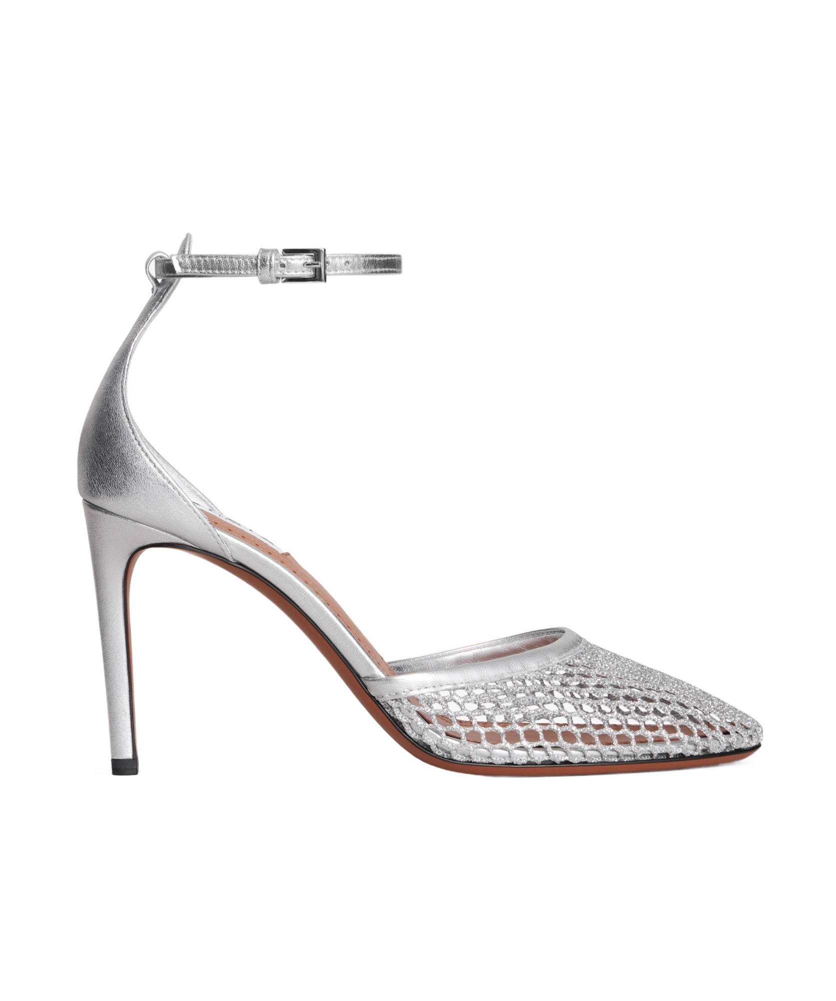Alaïa 90 Fishnet And Metallic Leather Pumps In Gray