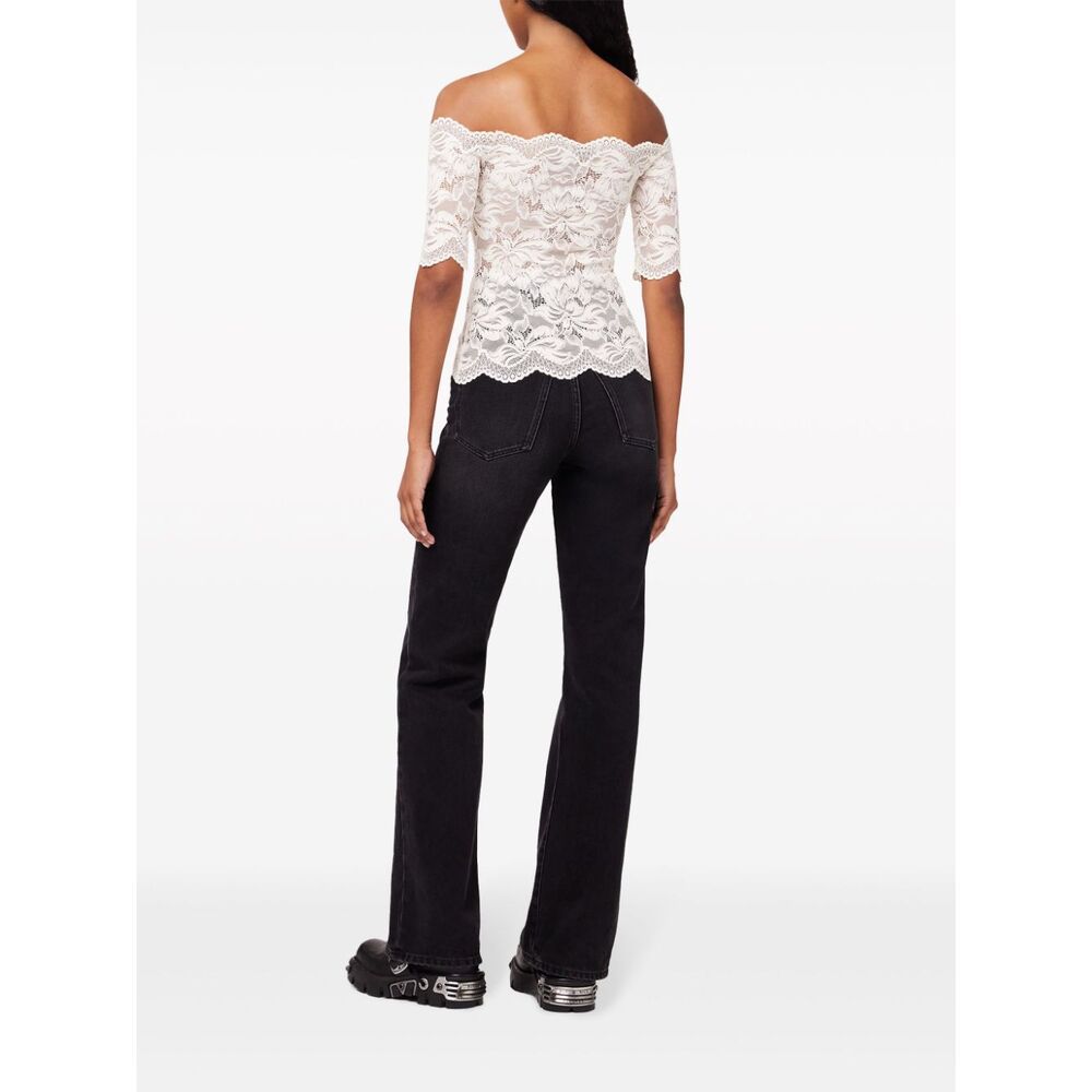 Rabanne Off-white Stretch Lace Short Sleeve Top In White