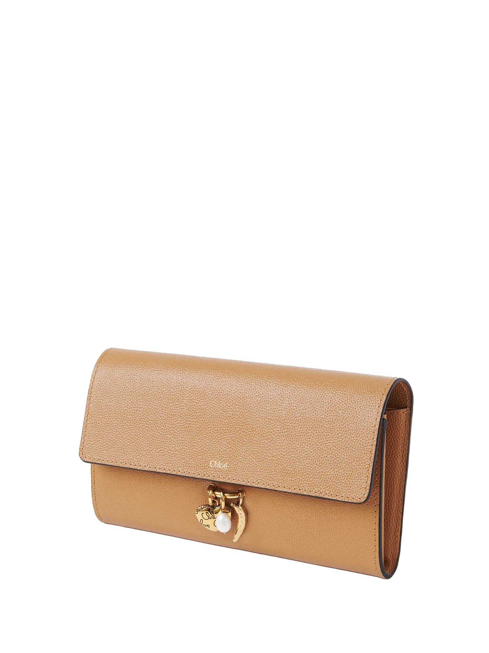 Chloé Charms Long Wallet With Flap In Grained Leather In Brown