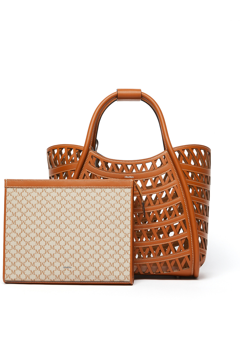 Max Mara Marines Weaving Perforated Leather Handbag With Internal Clutch In Light Brown