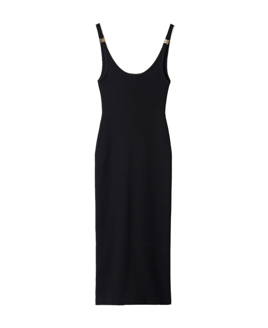 Miu Miu Ribbed Backless Metal Logo Midi Dress In Black