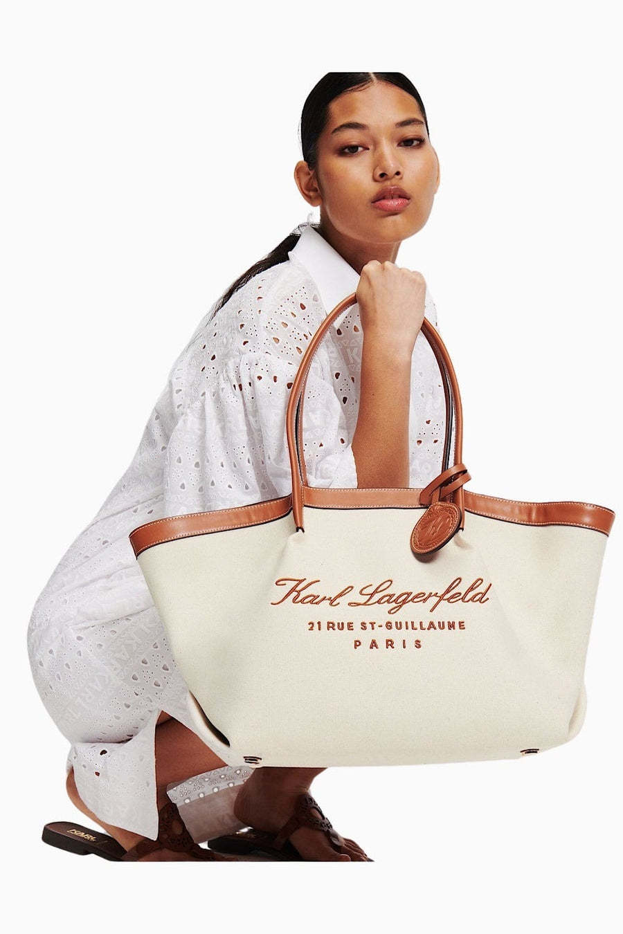 Karl Lagerfeld Medium Hotel Karl Canvas Tote Bag In White