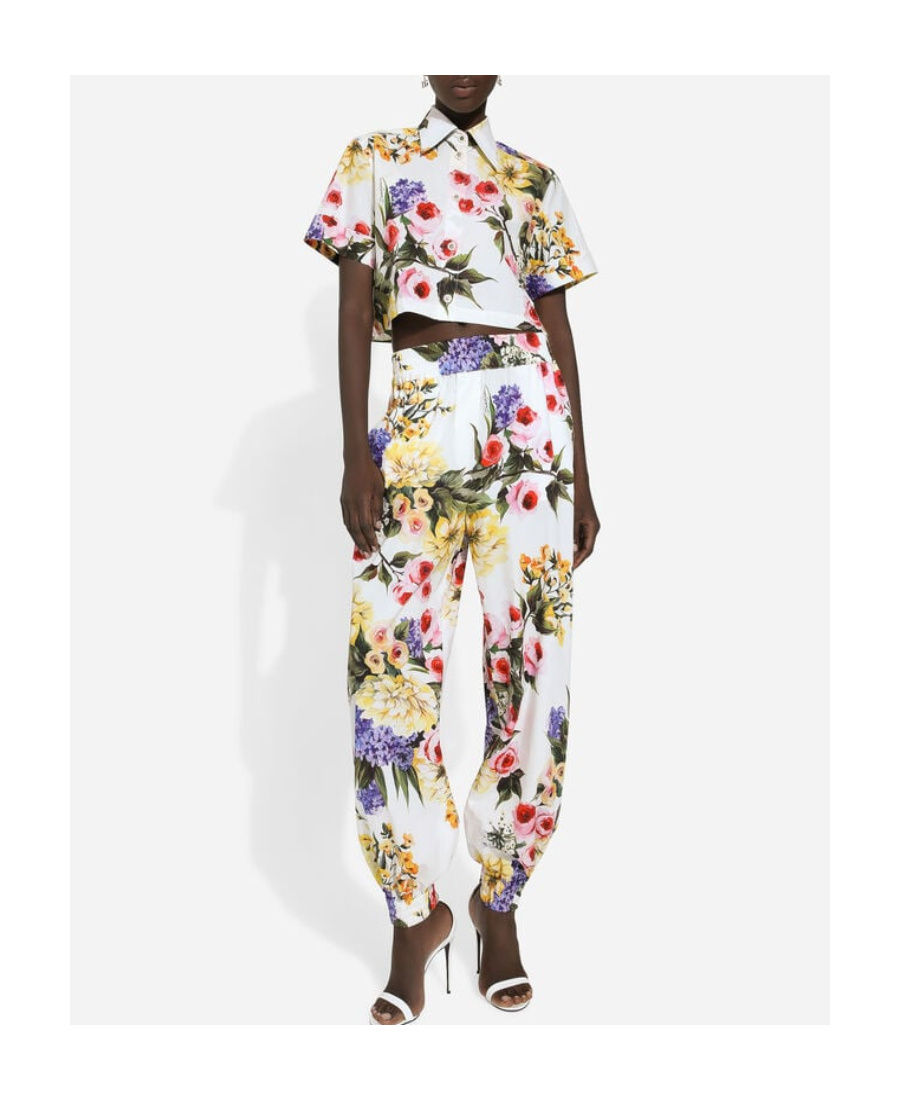 Dolce & Gabbana Floral Cropped Cotton Poplin Shirt In White