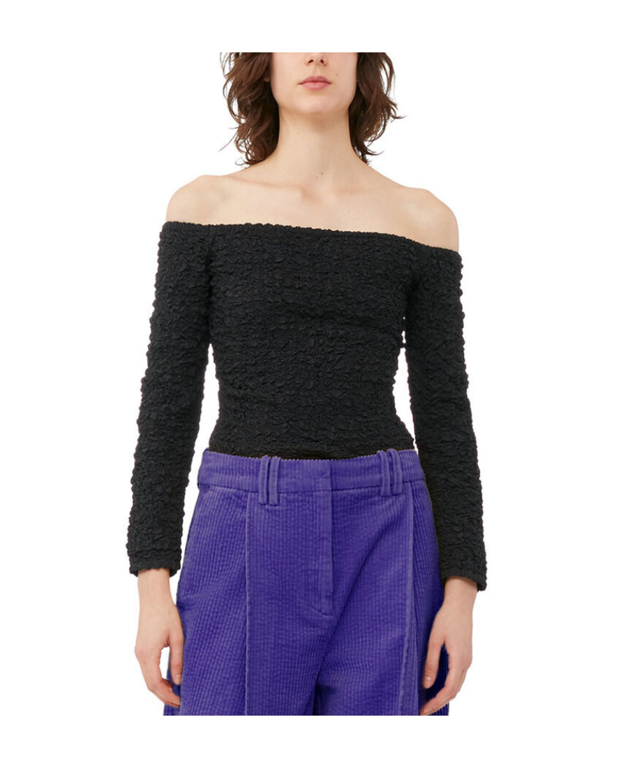 Ganni Off-shoulder Smock-effect Top In Black