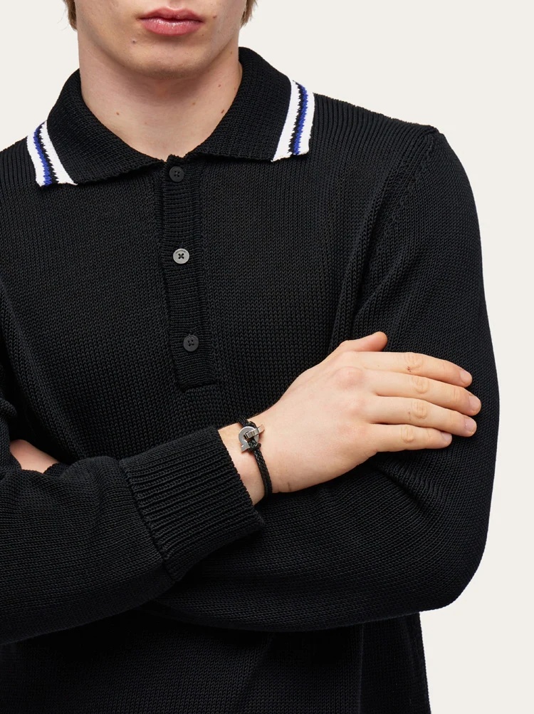 Ferragamo Double Gancini Braided Leather Bracelet In Black
