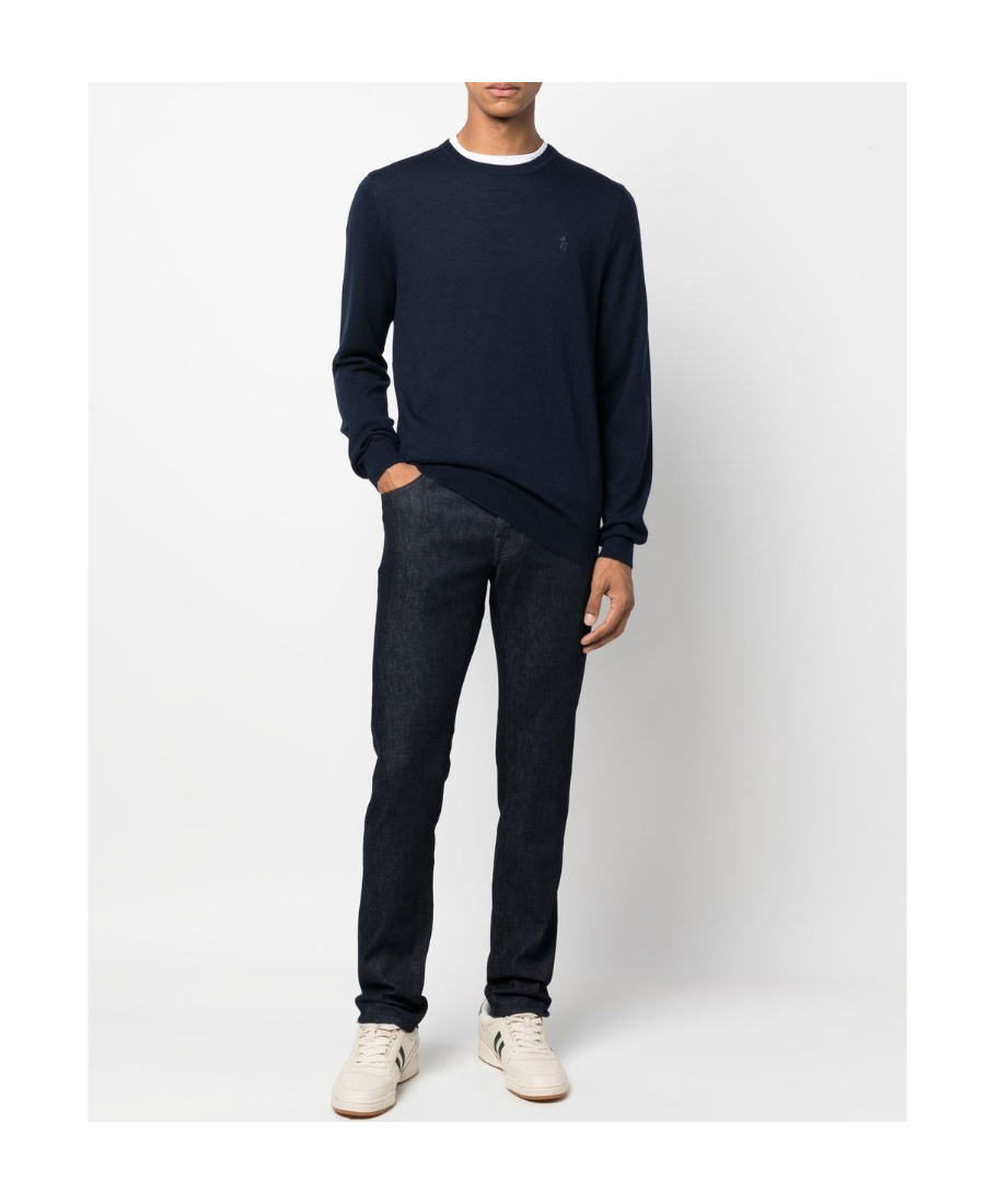 Polo Ralph Lauren Blue Crewneck Sweater With Pony Logo Embroidered On The Front In Black