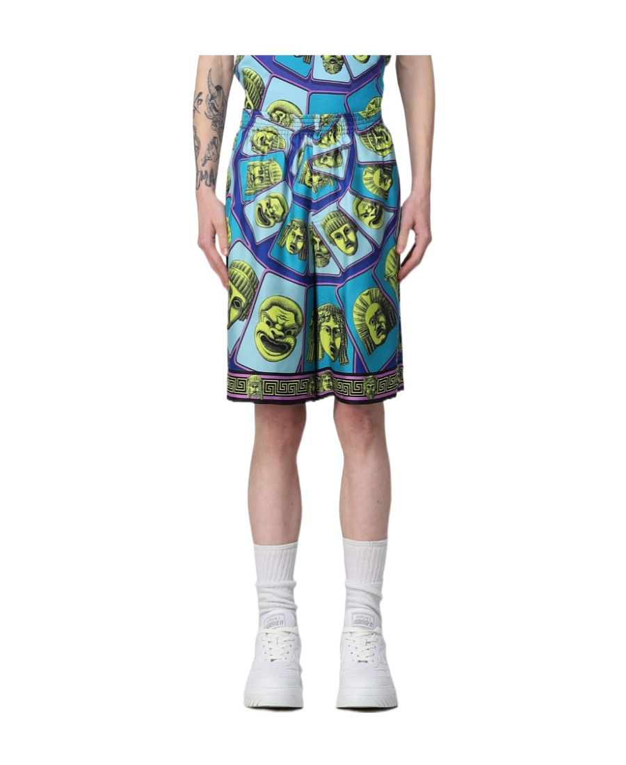 Versace Le Maschere Print Silk Shorts In Blue