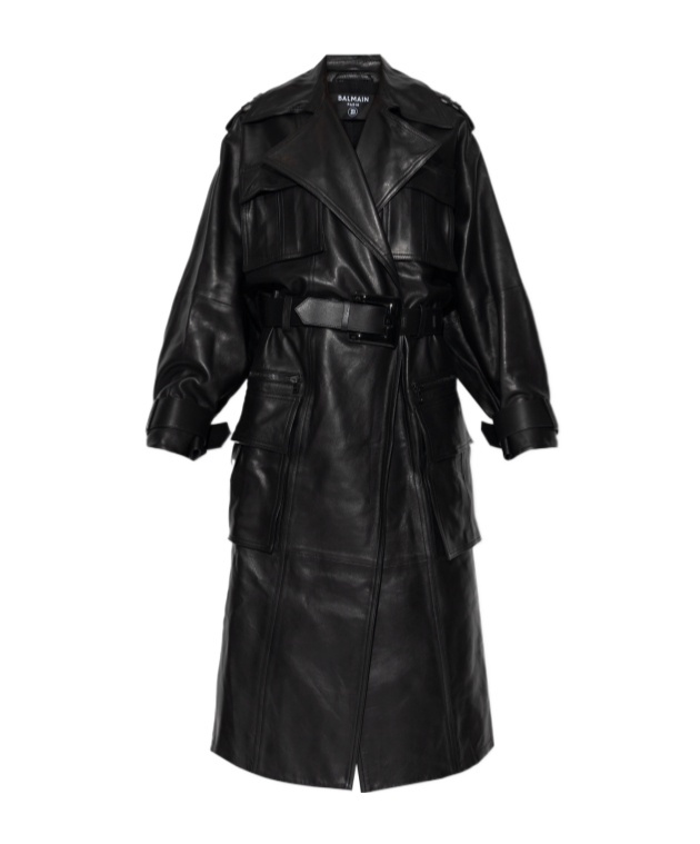 Balmain Belted Lambskin Trench Coat In Black